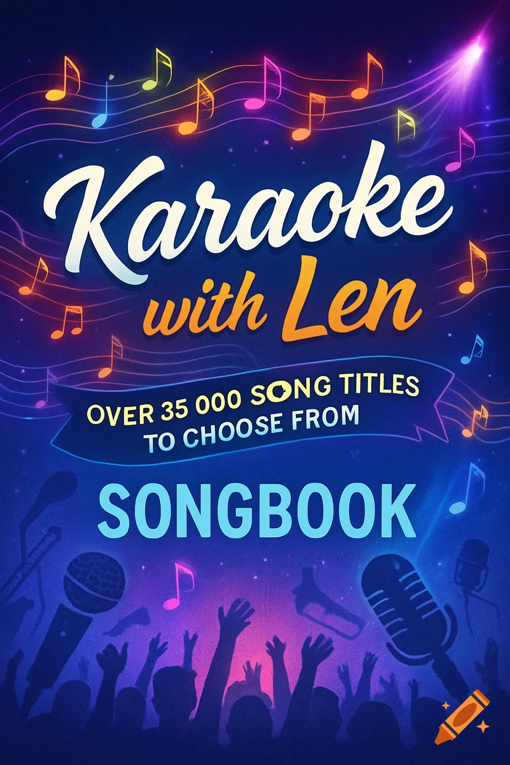 A vibrant, stylized karaoke songbook cover with 'Karaoke with Len' text, musical notes, microphones, and a silhouetted crowd.