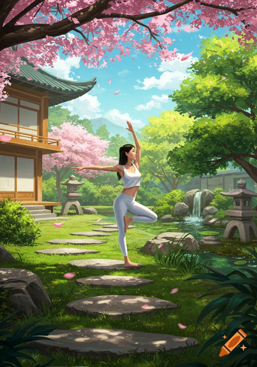 A digital art illustration of a woman in a white yoga outfit doing a tree pose in a serene Japanese garden with cherry blossoms, a traditional house, and a waterfall.