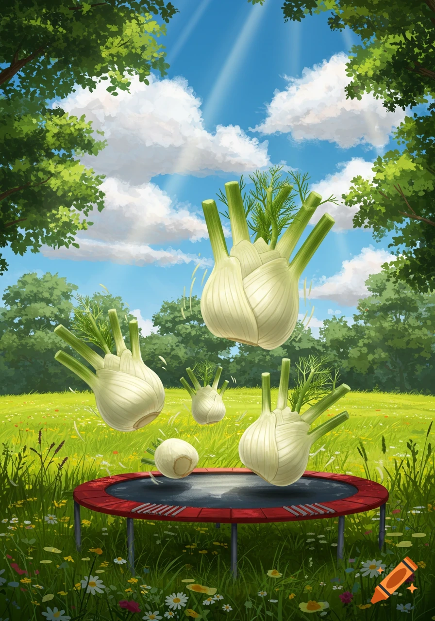 Several fennel bulbs with green fronds bounce on a red trampoline in a sunny, green field with trees under a blue sky.