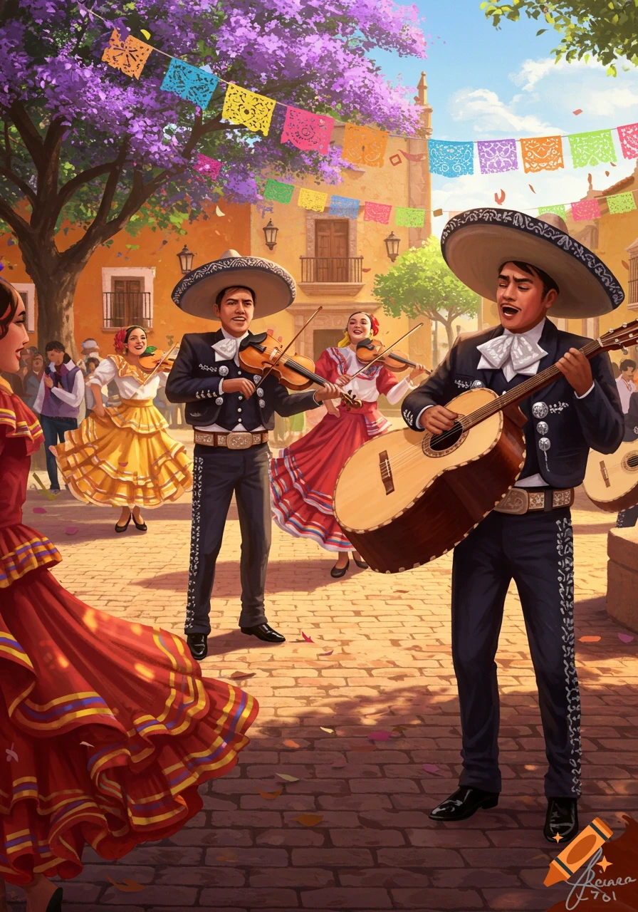 Vibrant illustration of mariachi musicians and folk dancers performing in a festive town square with purple flowering trees and colorful banners.
