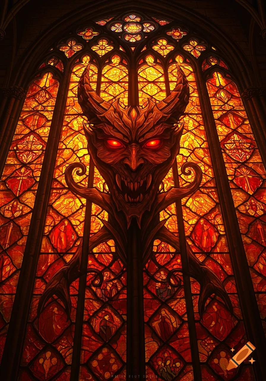 A terrifying horned demon face with glowing red eyes depicted as a large stained glass window in a gothic cathedral, with warm orange and red tones.