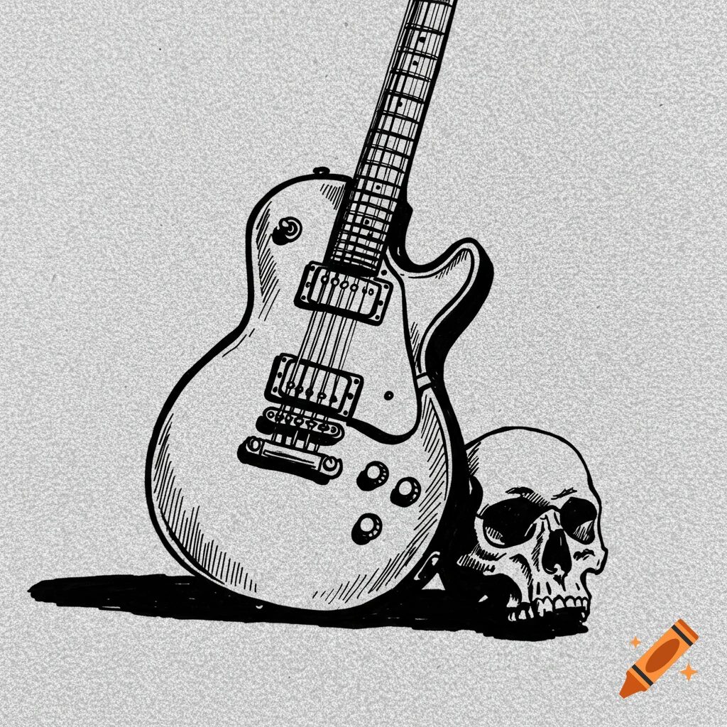 A minimalist black ink fine line drawing of an electric guitar leaning against a skull.