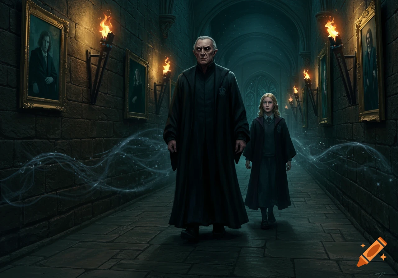 A stern man resembling Snape and a young girl in wizard robes walk through a dark, torch-lit stone corridor with glowing blue magic trails.