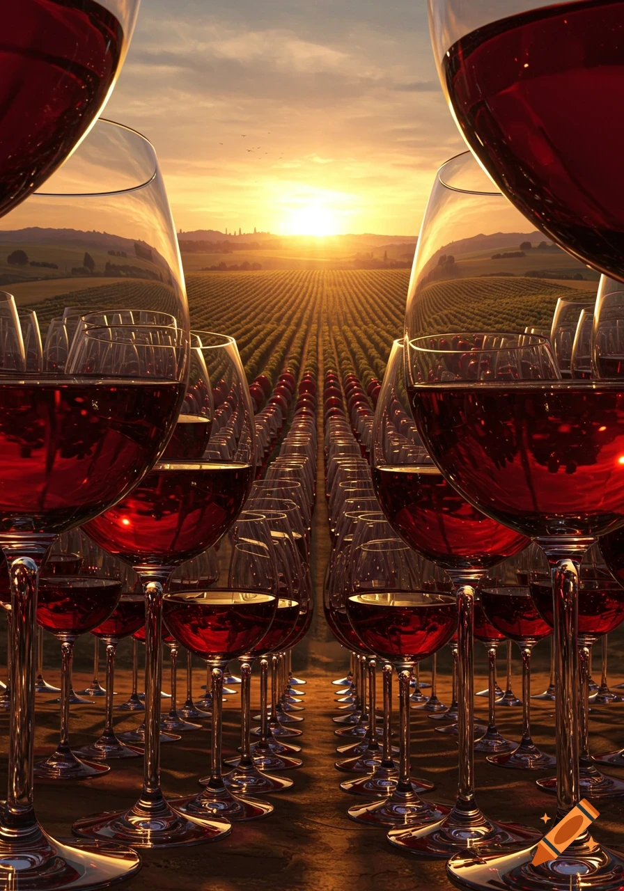 Rows of red wine glasses stretch into a vineyard landscape at sunset.