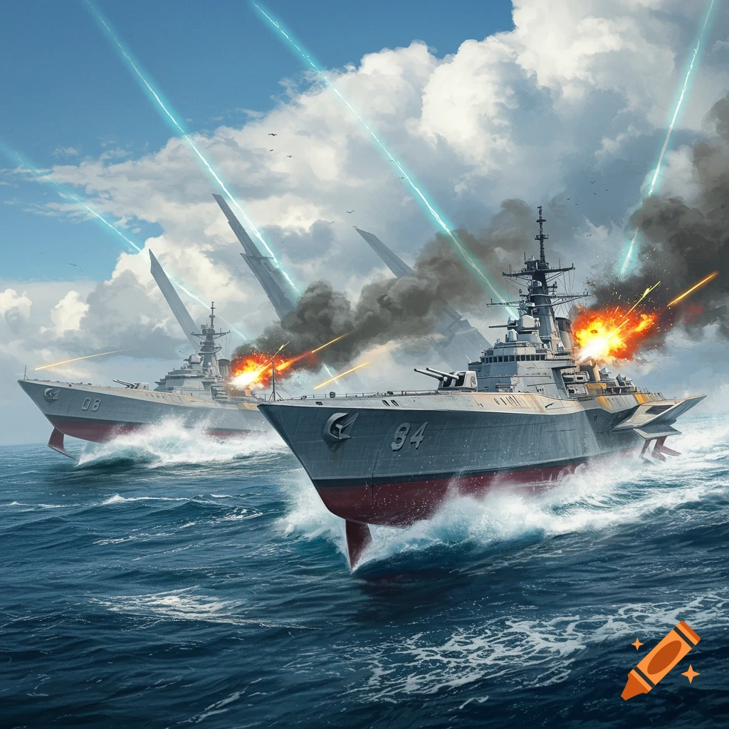 Two military destroyers, marked 94 and 08, engage in combat at sea, firing guns amid explosions and energy beams under a cloudy sky.