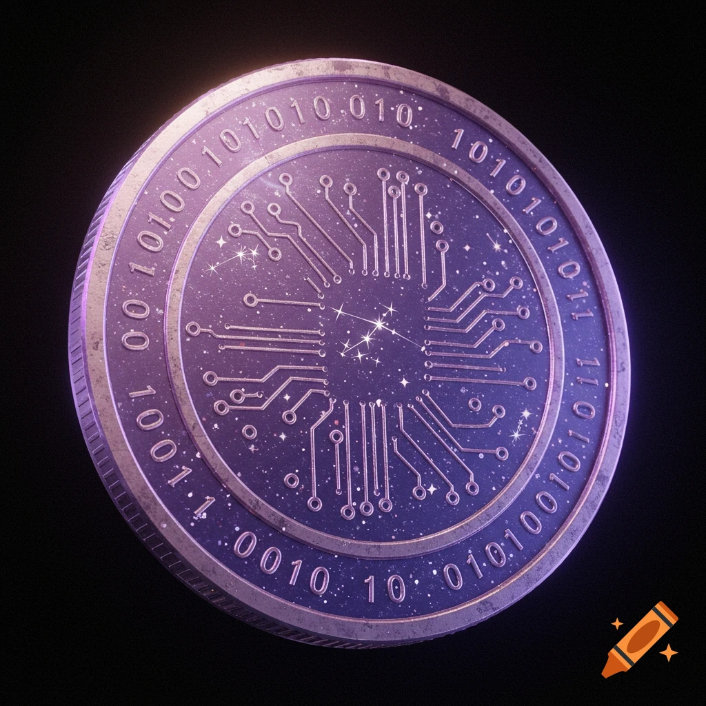 A purple, galaxy-themed coin with a circuit board design and binary code around its edge, against a black background.