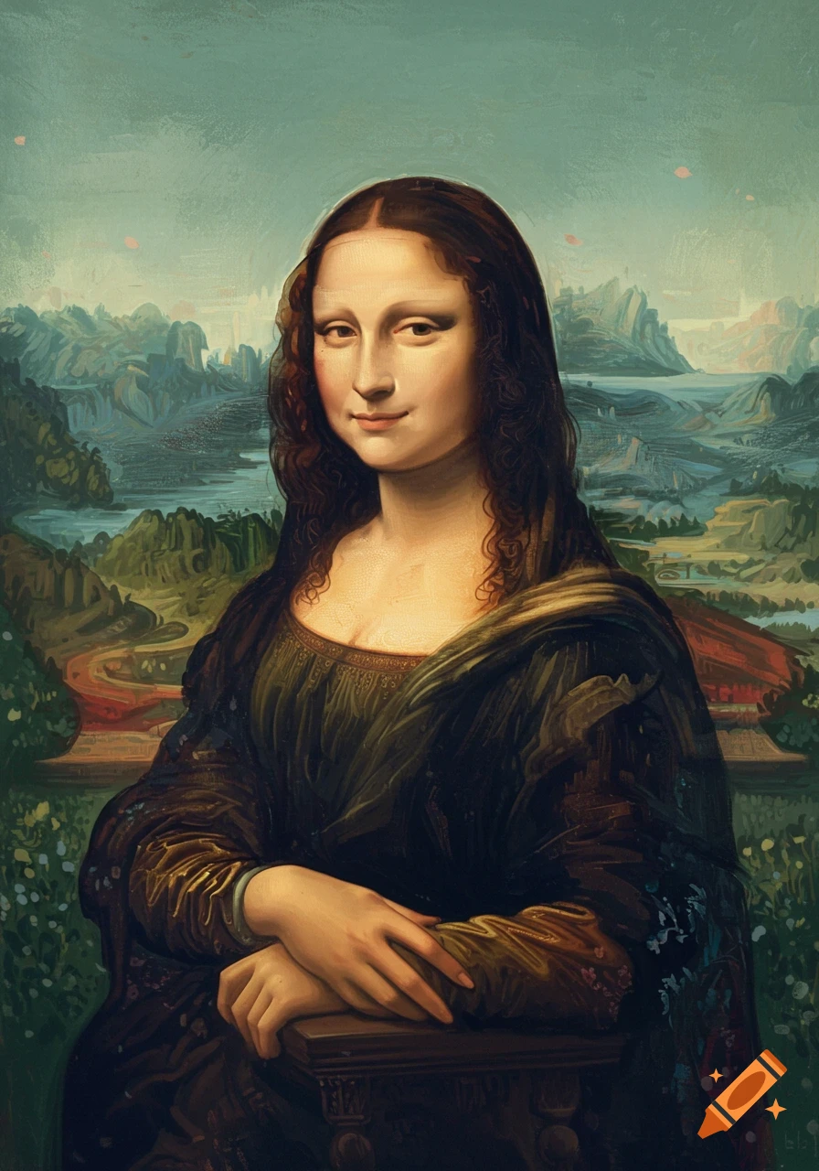 A classic portrait painting of the Mona Lisa, featuring a woman with a gentle smile against a detailed landscape background.