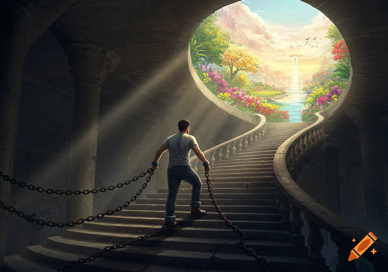 A man climbs a grand, chained staircase from a dark dungeon towards a bright, colorful paradise landscape.