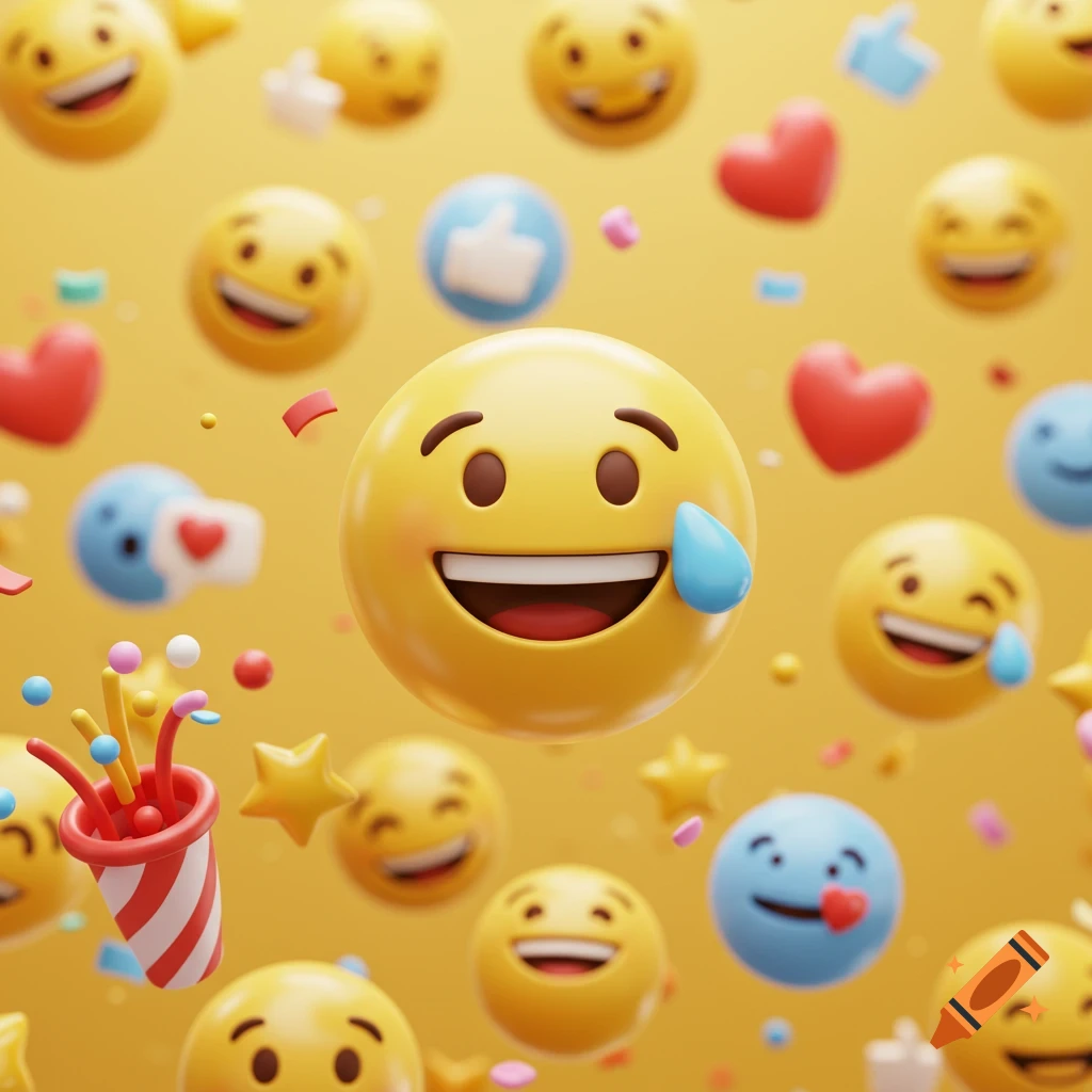 A happy emoji with a tear of joy at the center, surrounded by other emojis, hearts, and confetti on a yellow background.