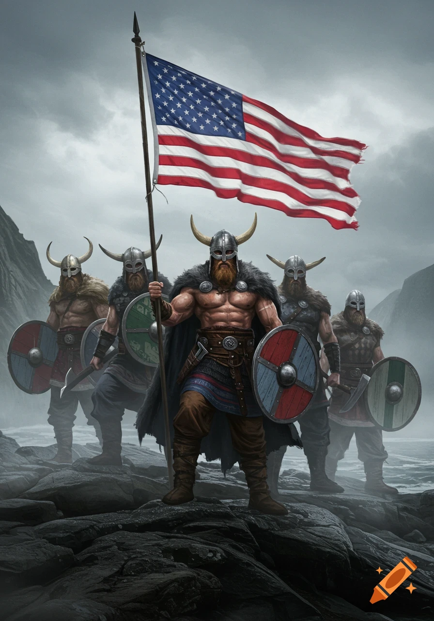 Five muscular Vikings in horned helmets and fur cloaks stand on a rocky shore under a stormy sky, holding shields and an American flag.