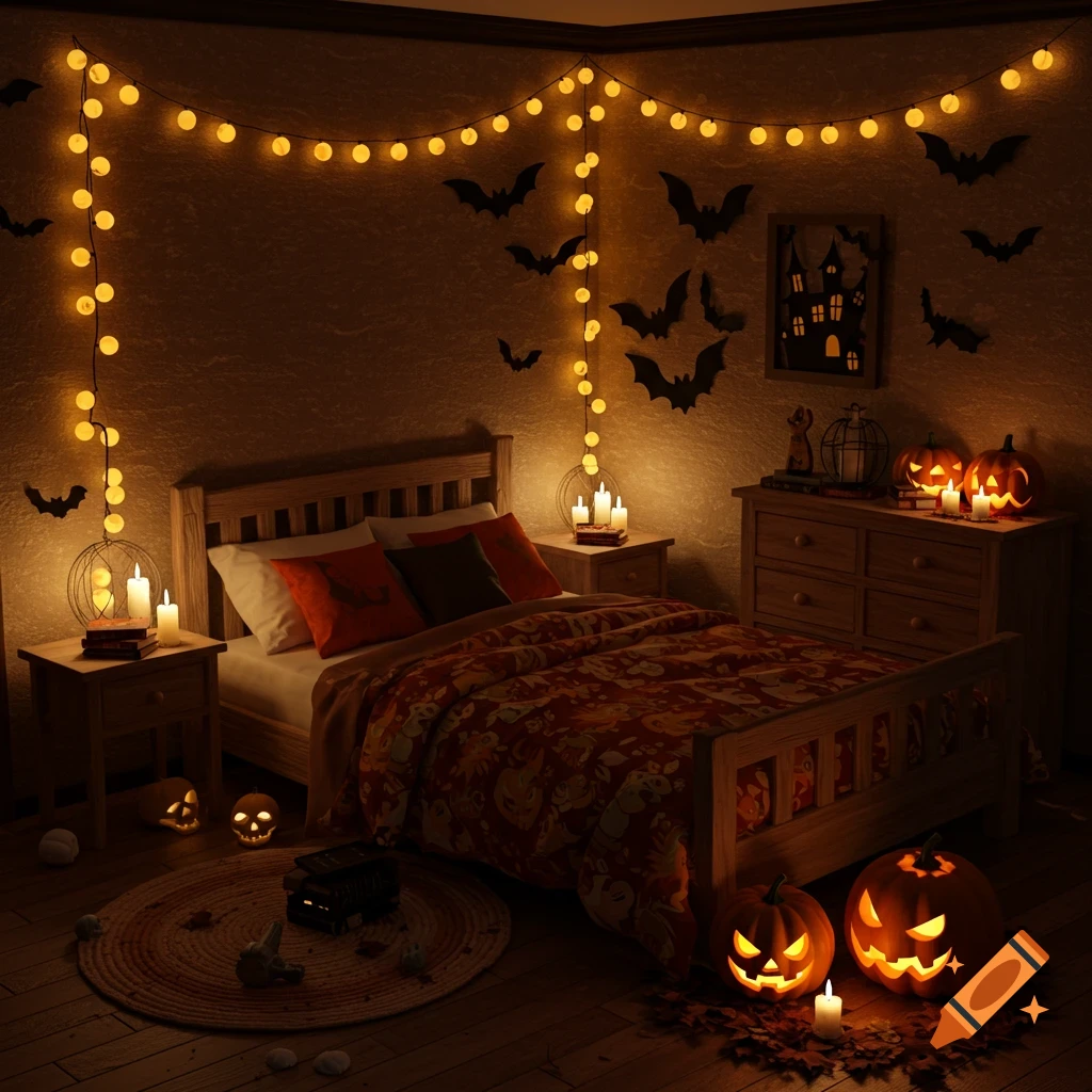 A cozy bedroom decorated for Halloween at night with glowing string lights, bat cutouts, jack-o'-lanterns, and lit candles.