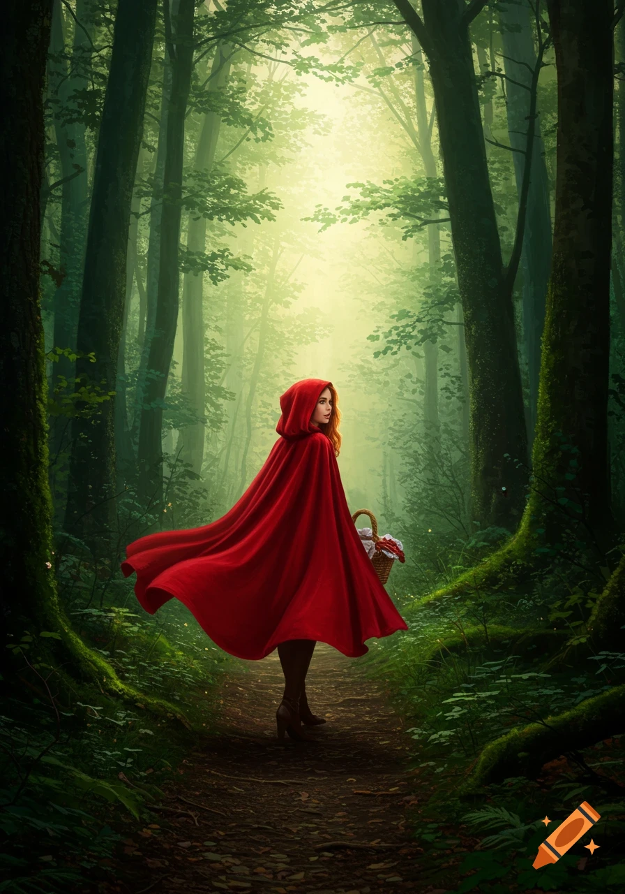 A woman in a flowing red hooded cloak walks along a path in a mystical, misty forest, carrying a basket.