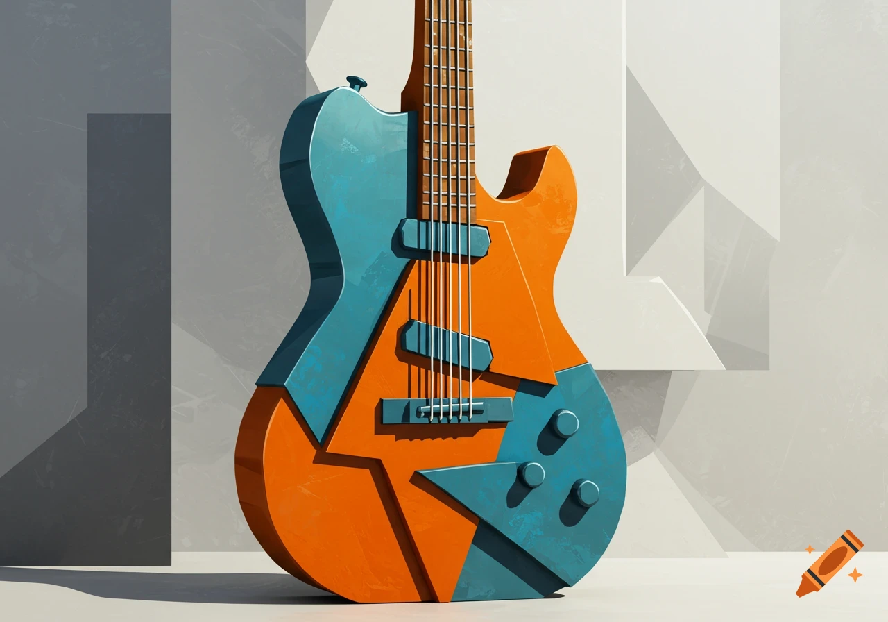 A cubist guitar sculpture, composed of orange and teal geometric shapes, standing against an angular gray and white background.