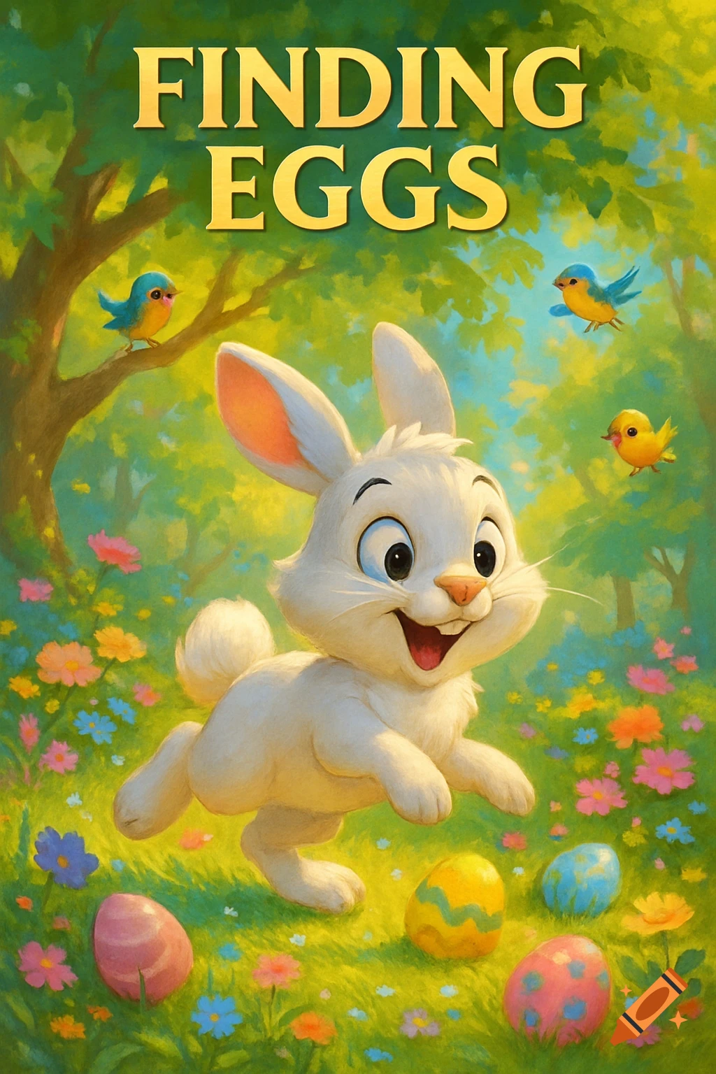 A happy cartoon bunny runs in a vibrant spring forest, surrounded by colorful Easter eggs and small birds.