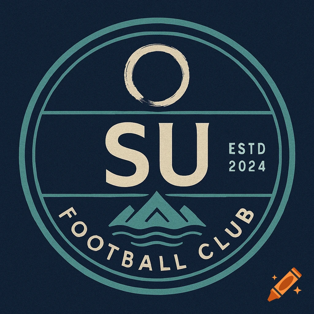 A circular football club badge in navy blue and teal with text "SU FOOTBALL CLUB ESTD 2024", a zen enso symbol, and mountains over water.