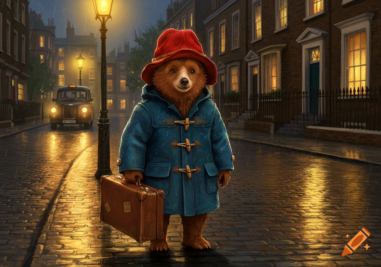 Paddington Bear in a blue duffel coat and red hat holds a suitcase on a rainy London street at night, under a streetlamp.
