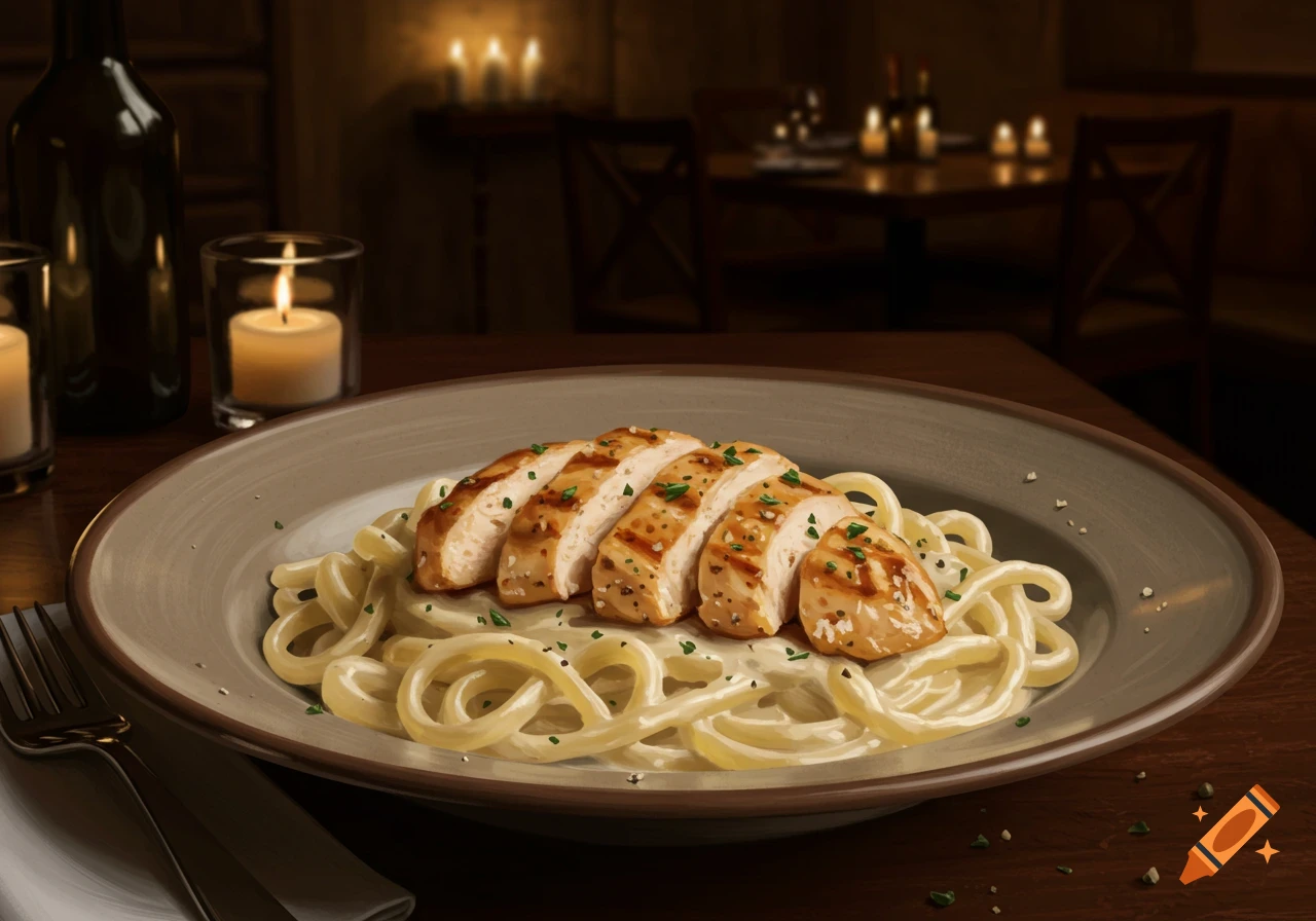 Chicken fettuccine Alfredo on a plate in a dimly lit restaurant, with candles and a wine bottle in the background.