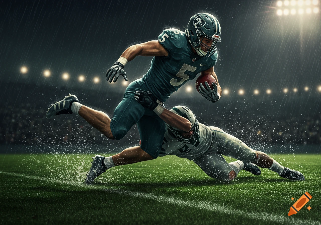 Photorealistic image of an American football player in a teal uniform, number 5, running with the ball as he is tackled in the rain.