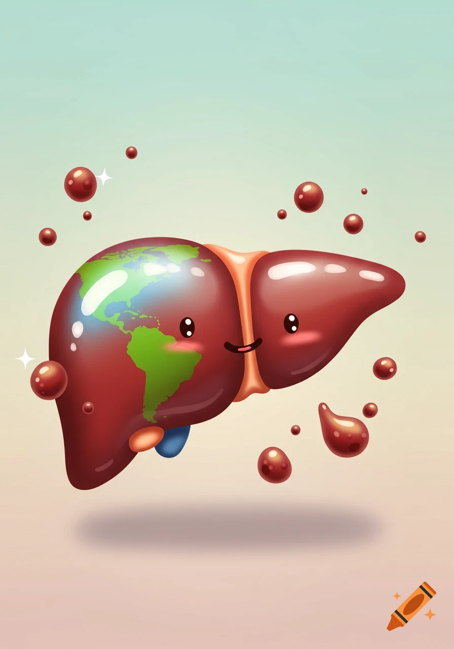 A cute cartoon liver with a globe on its left lobe, floating among red bubbles on a gradient background.