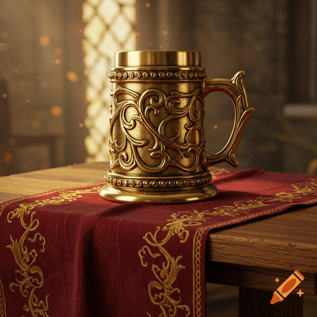 A richly decorated golden tankard with intricate scrollwork sits on a wooden table with a red, gold-embroidered runner.