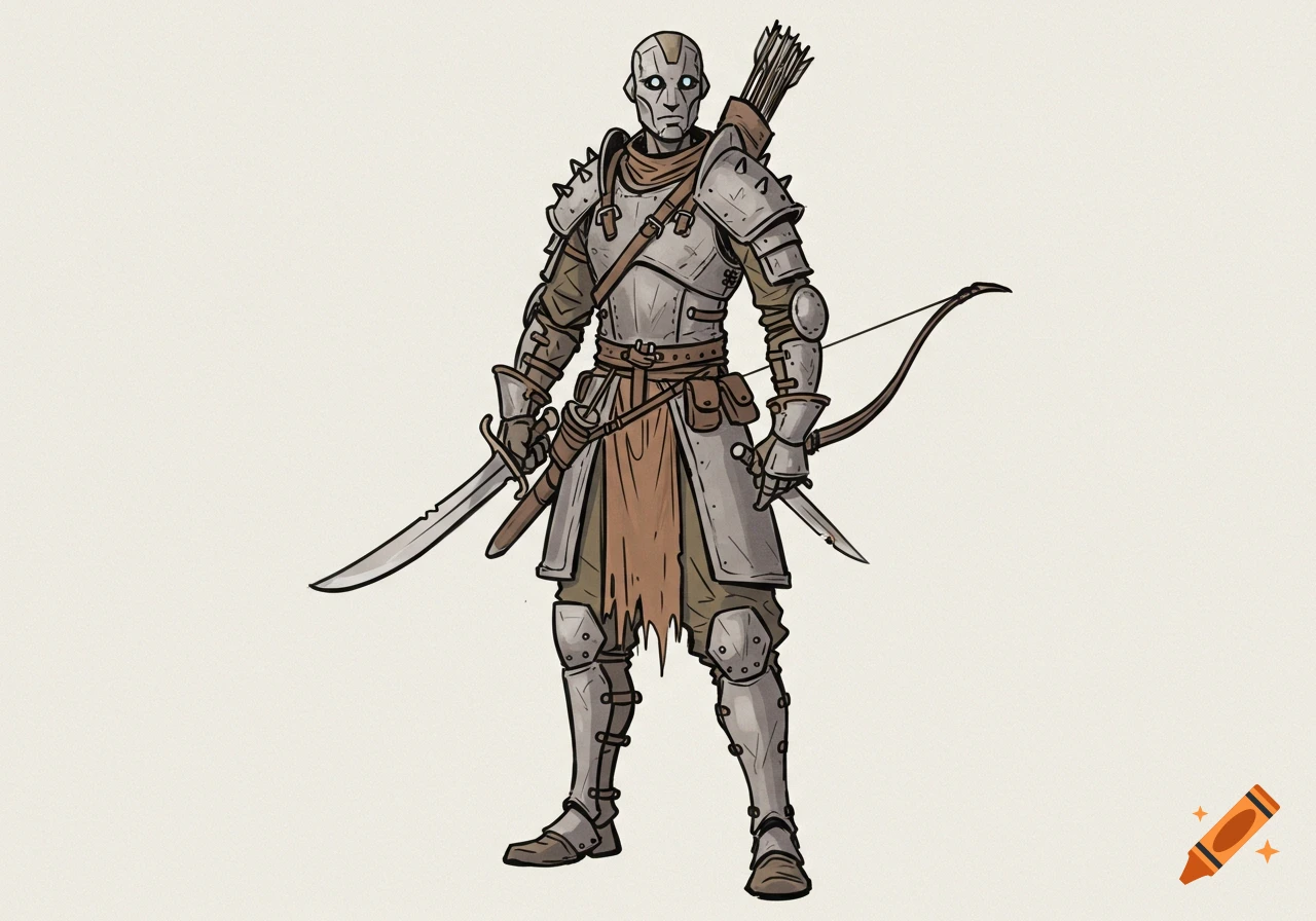 A simple hand-drawn illustration of a Warforged warrior in aged studded leather armor, holding a scimitar and dagger, with a bow and quiver.
