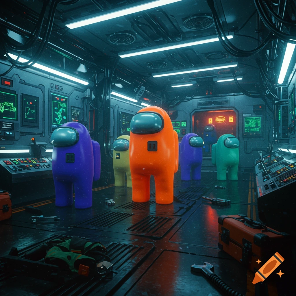 Orange, purple, yellow, and teal Among Us characters stand in a dark, futuristic spaceship control room with glowing screens.