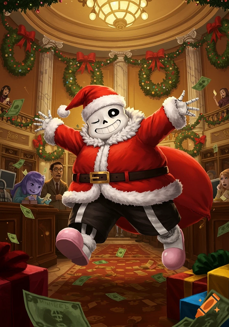 Sans dressed as Santa Claus jumps joyfully in a decorated bank, surrounded by falling money and presents.