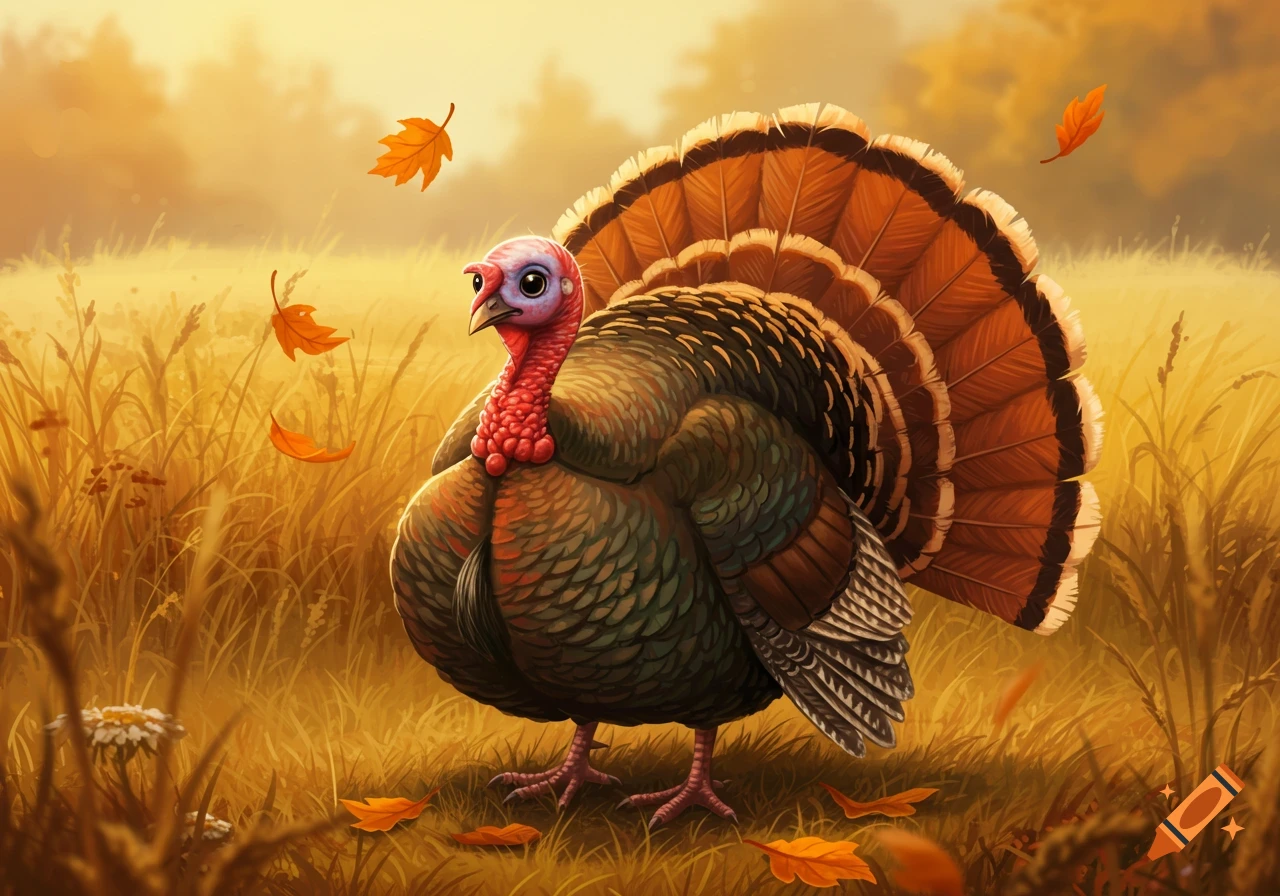 A vibrant turkey stands in a golden autumn field with falling leaves.