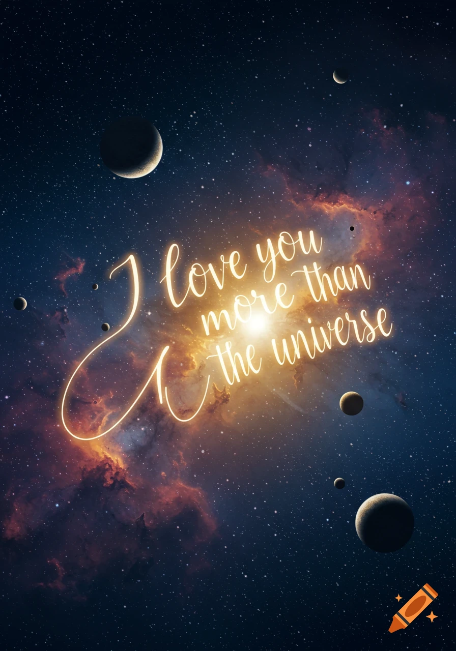 A glowing orange handwritten script "I love you more than the universe" against a dark blue and purple nebula background with stars and planets.