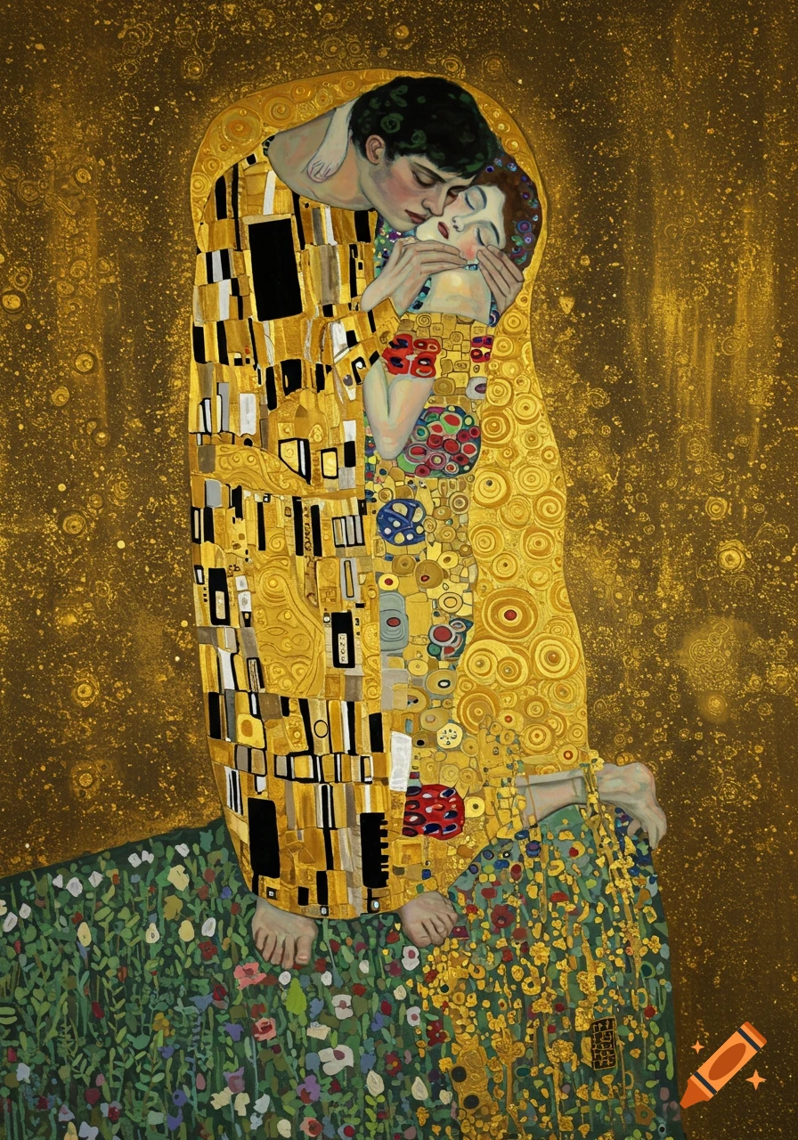 Art Nouveau painting of a couple embracing, in a golden, decorative style reminiscent of Klimt's The Kiss, in a flower field.