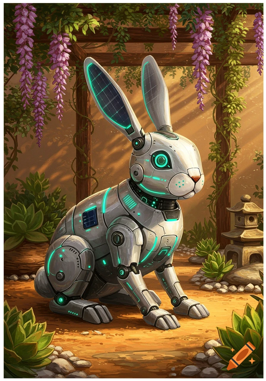 A shiny white robot rabbit with glowing teal lines and solar panel ears sits in a lush garden with purple wisteria flowers.