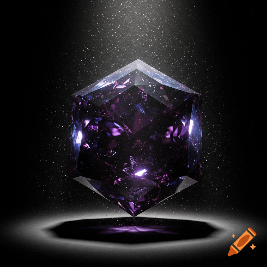 A dark purple faceted gem with internal light glows and sparkles against a dark, starry background, casting a shadow.