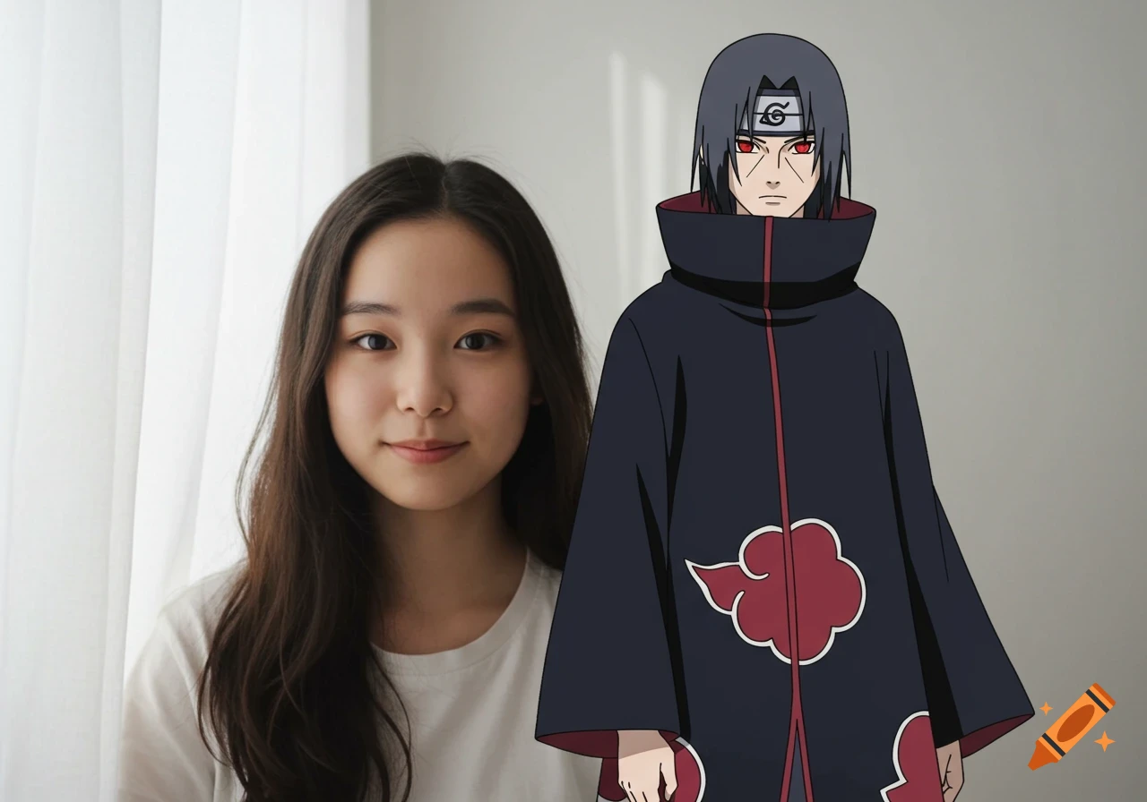 A realistic girl stands next to anime character Itachi Uchiha from Naruto in a light room.