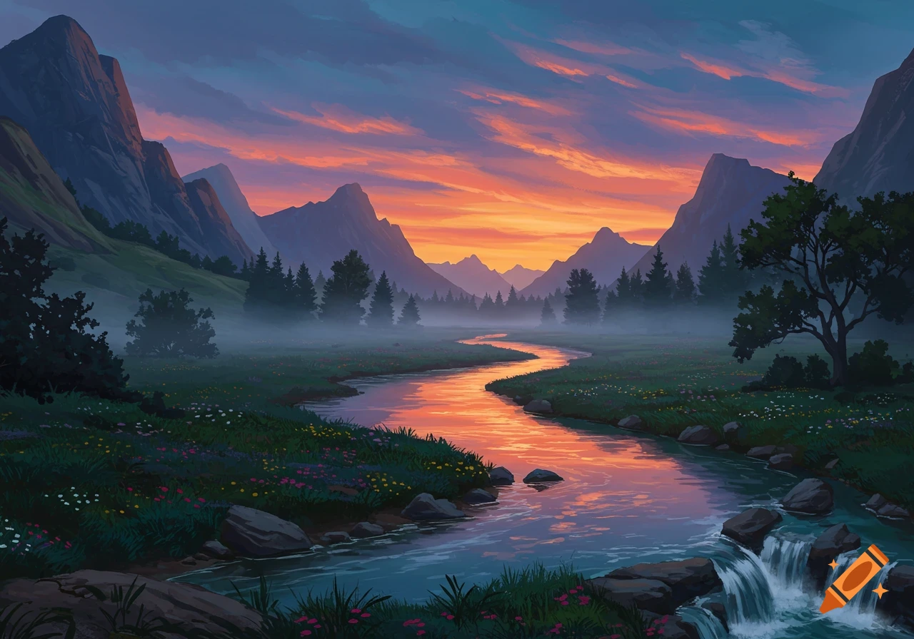 Vibrant sunset over a winding river flowing through a misty mountain ...