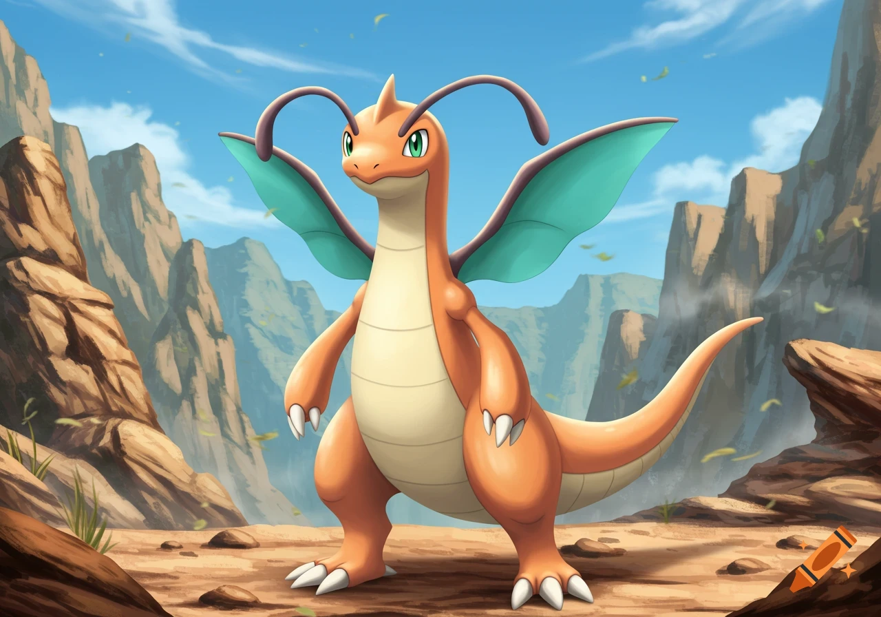 A bipedal, light orange draconic Pokémon with teal wings and antennae stands in a rocky canyon under a blue sky.