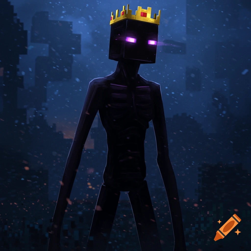 A tall, dark Enderman from Minecraft with glowing purple eyes and a golden crown stands in a pixelated, dark blue environment with floating particles.