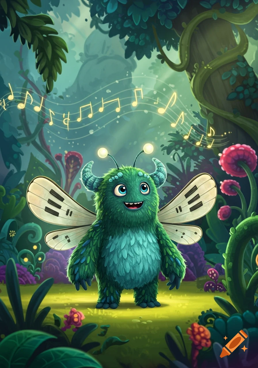 A cute, furry green monster with piano key wings smiles in a whimsical forest with floating musical notes, cartoon style.