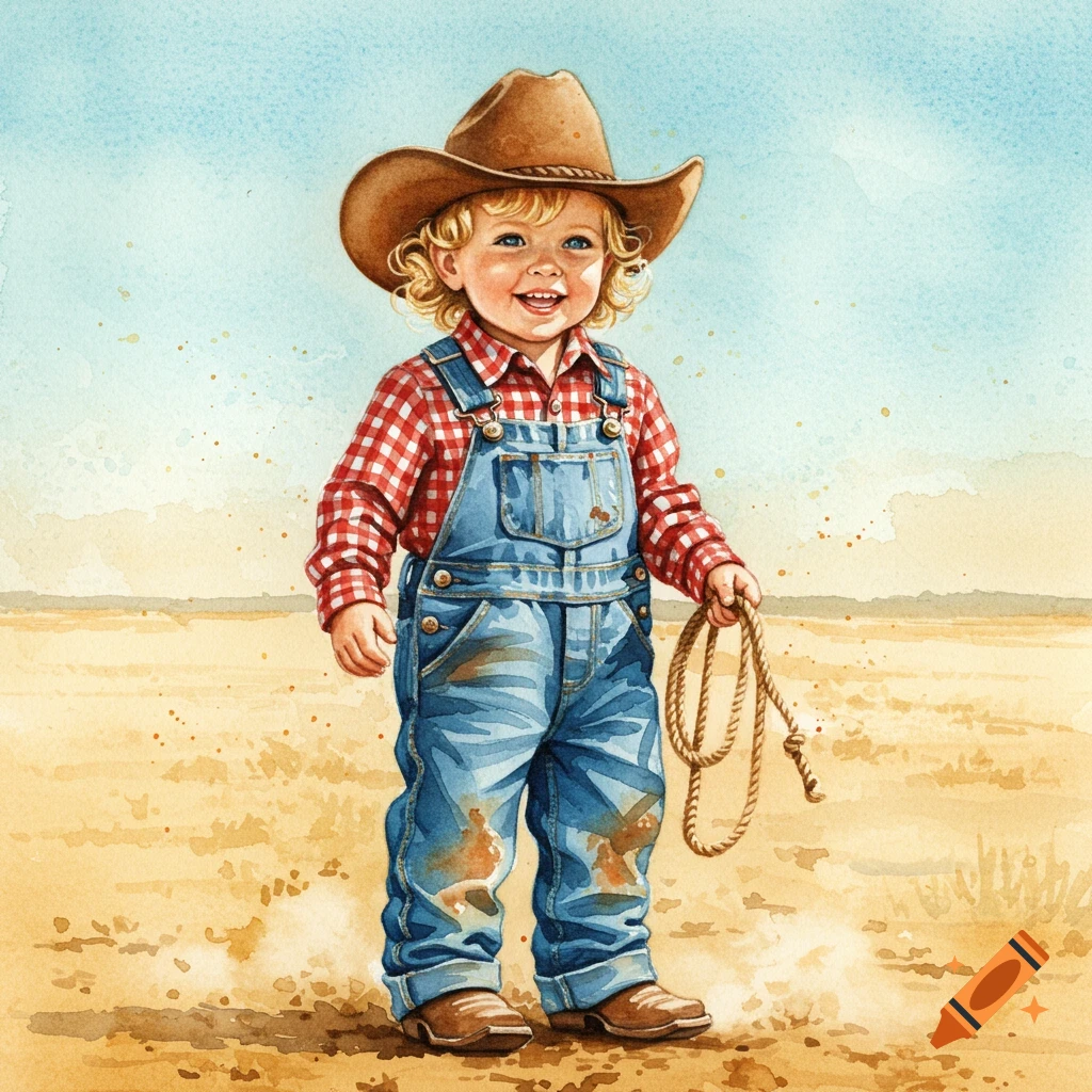 A smiling toddler cowboy in a hat and overalls holds a rope, standing in a dusty watercolor field.