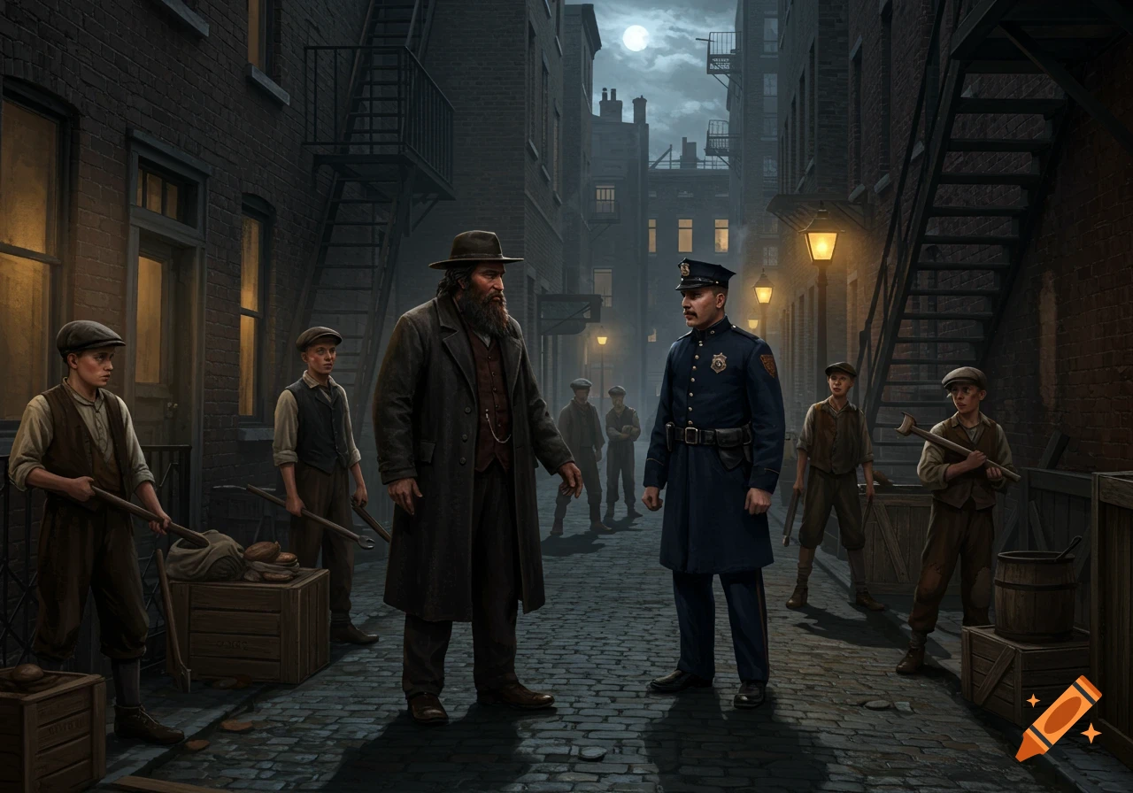 A bearded man and a police officer face off in a dark, narrow 1900s Chicago alley at night, surrounded by young boys with makeshift weapons and brick tenements.