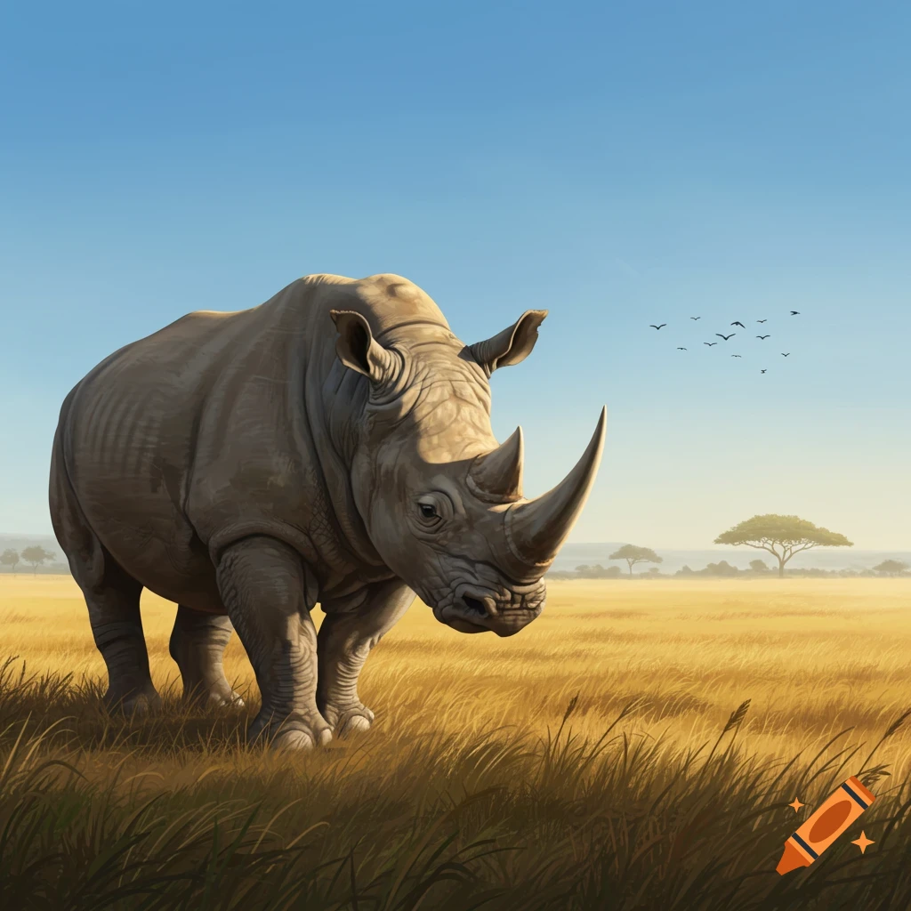 A large rhinoceros stands in tall golden grass under a clear blue sky in a sunny savanna.