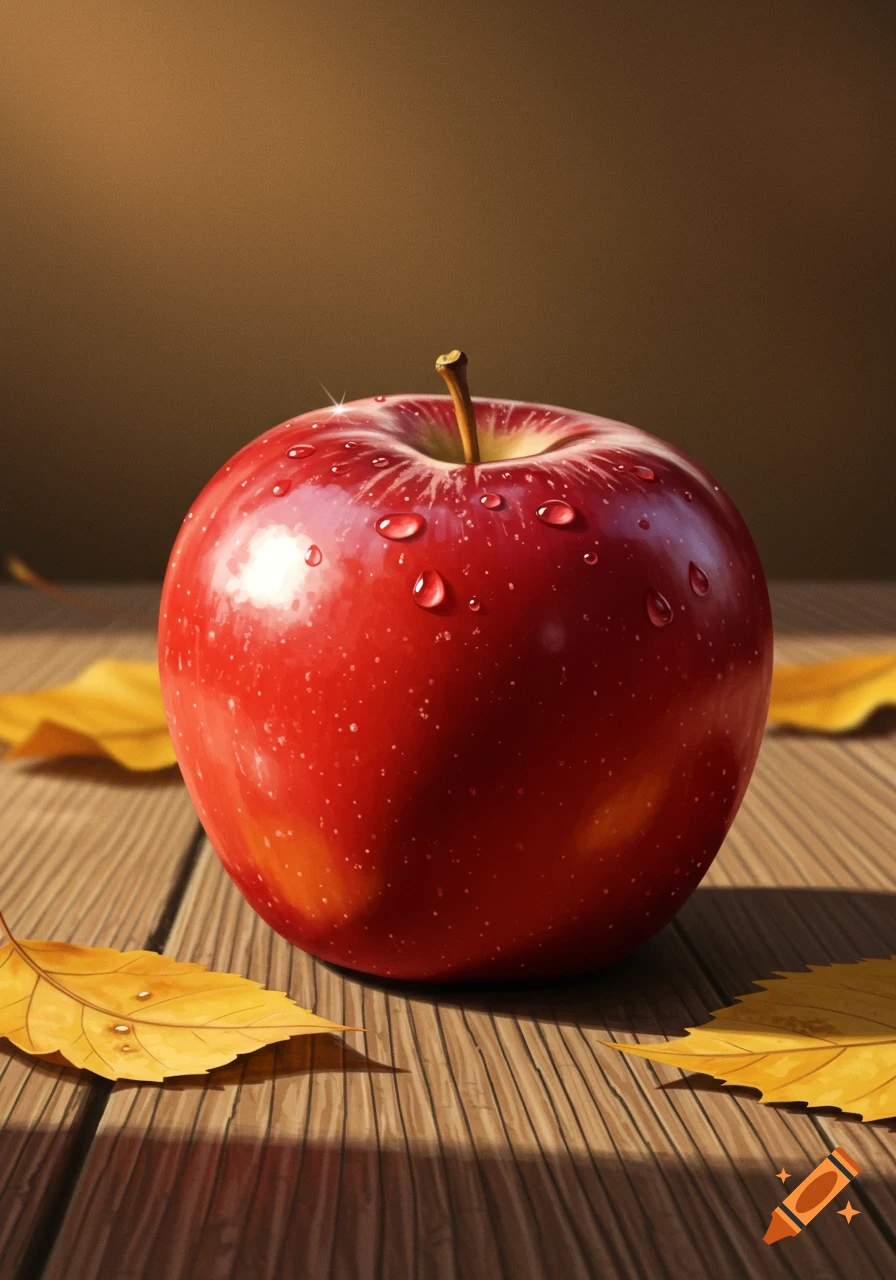 A vibrant red apple covered in water droplets sits on a wooden table, surrounded by fallen yellow leaves under warm light.