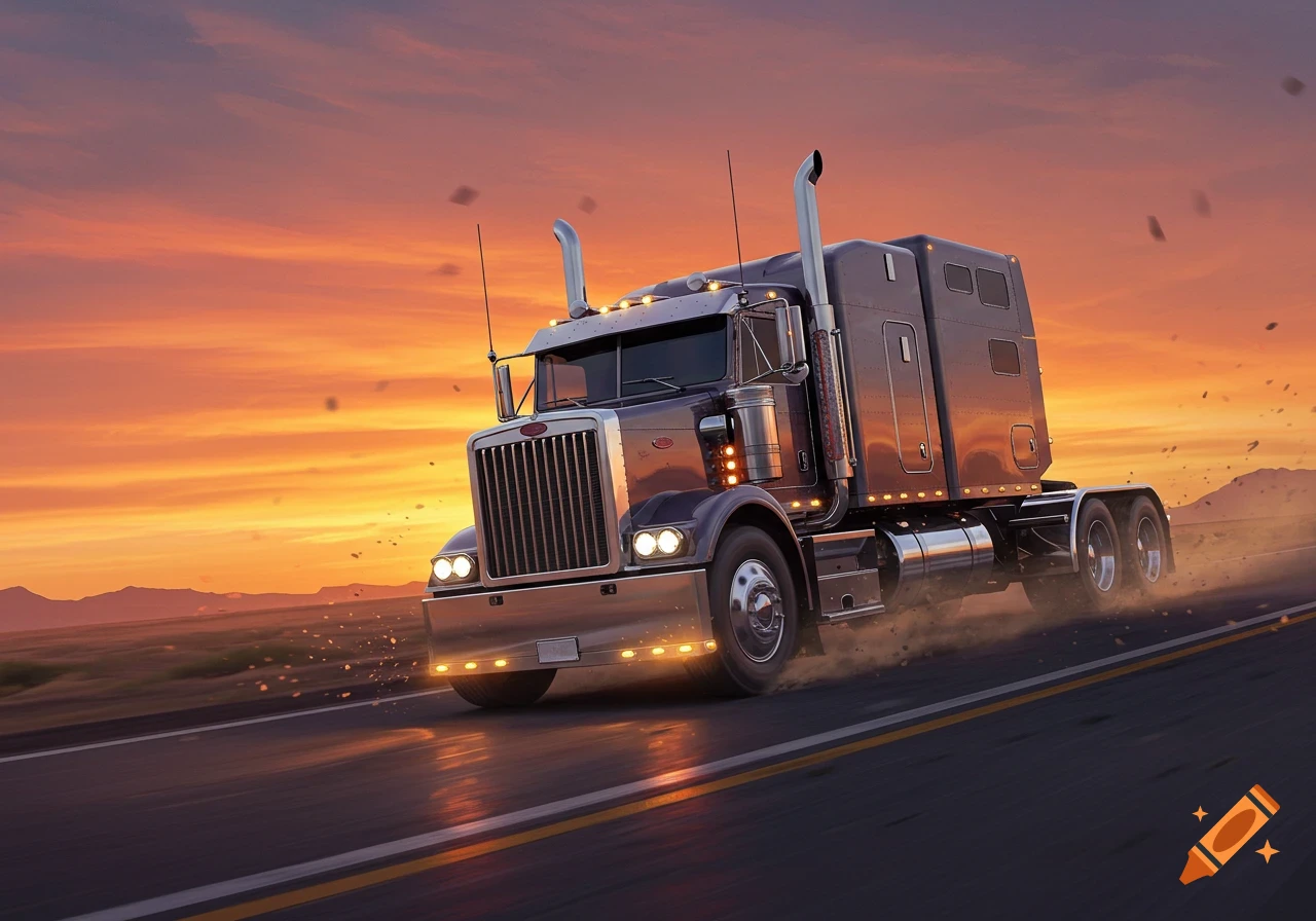 A powerful dark semi-truck speeds down a highway at sunset, kicking up dust with bright orange and yellow skies.