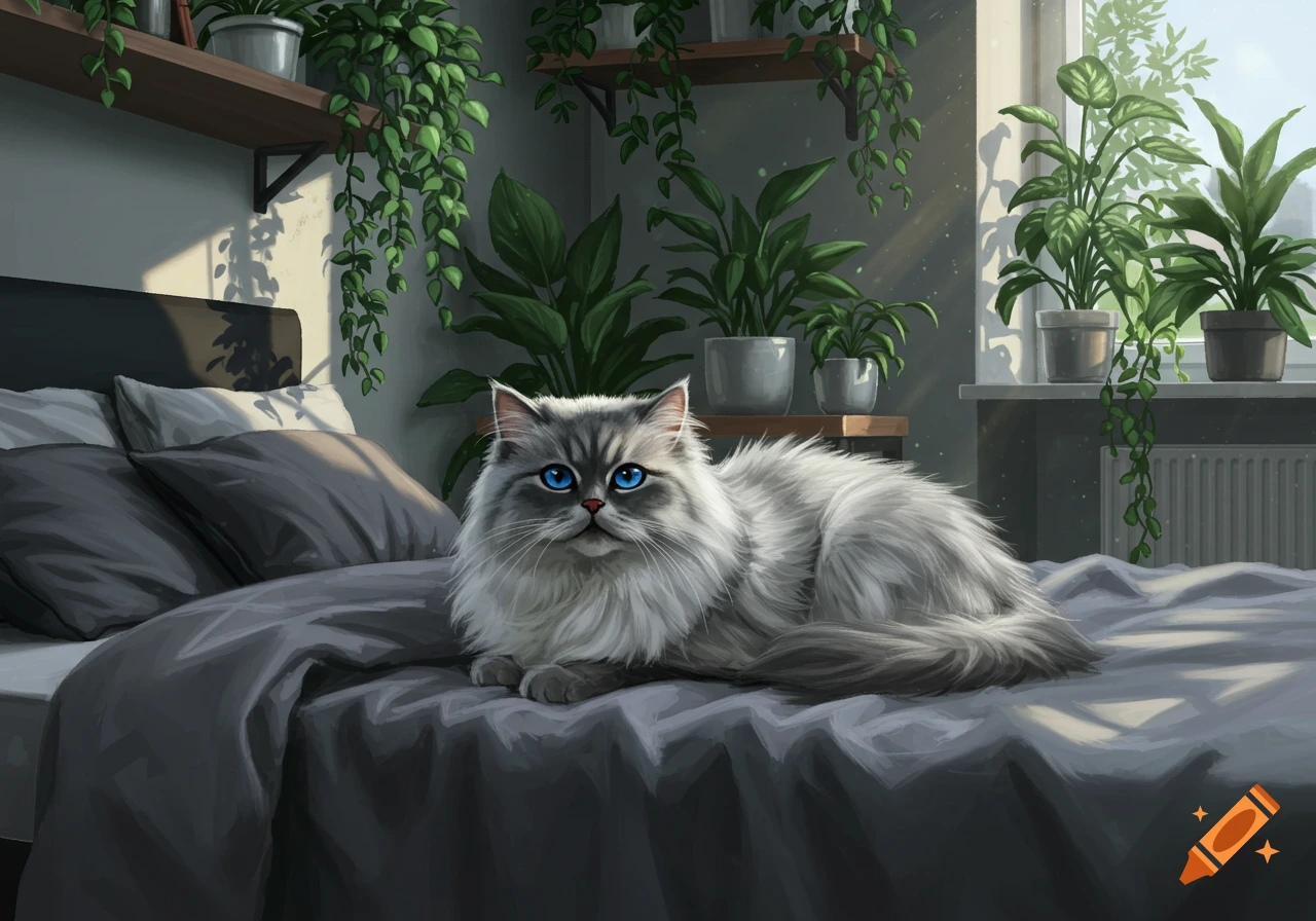 A fluffy gray cat with striking blue eyes lies on a gray bed in a sunlit room filled with green potted plants. Digital painting.