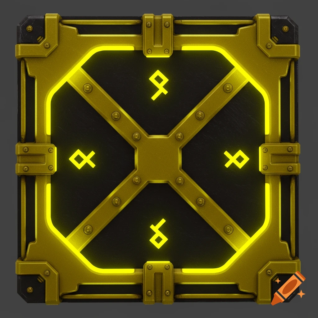 A dark metal and gold sci-fi block with glowing neon yellow runes and rivets.