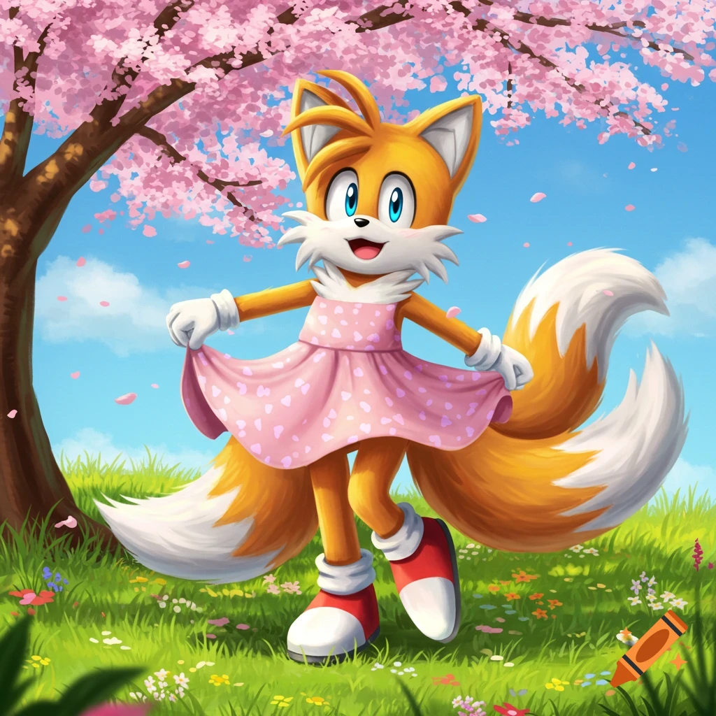 Tails the fox in a pink sundress stands in a grassy field under a cherry blossom tree, petals falling.