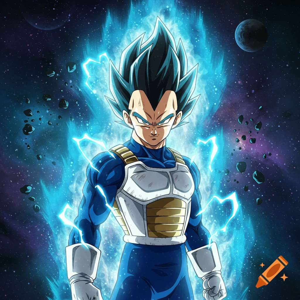 Vegeta from Dragon Ball Z with spiky dark blue hair and blue eyes, glowing with blue energy, in a cosmic background.