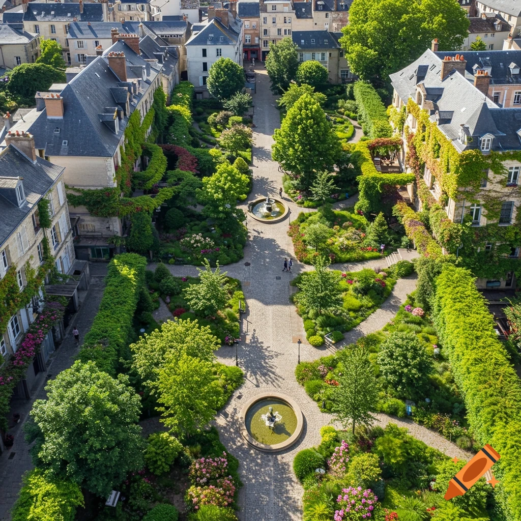 Aerial view of a lush green urban garden with pathways, fountains, trees, colorful flowers, and historic buildings.