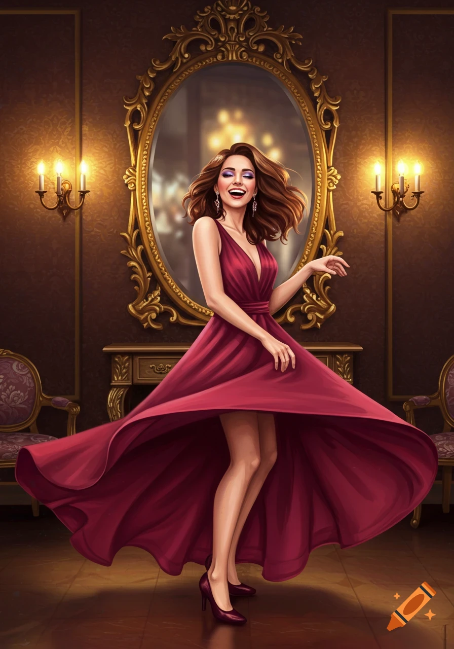 An illustration of a woman in a flowing red dress dancing in an elegant ...