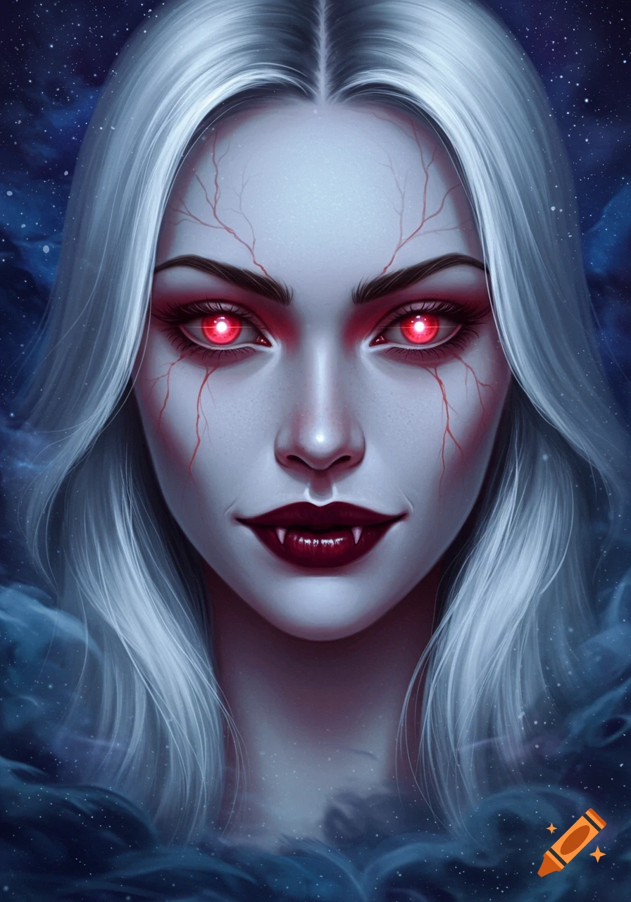 A close-up portrait of a pale vampire woman with long white hair, glowing red eyes, prominent fangs, and red veins on her face, against a dark starry sky.