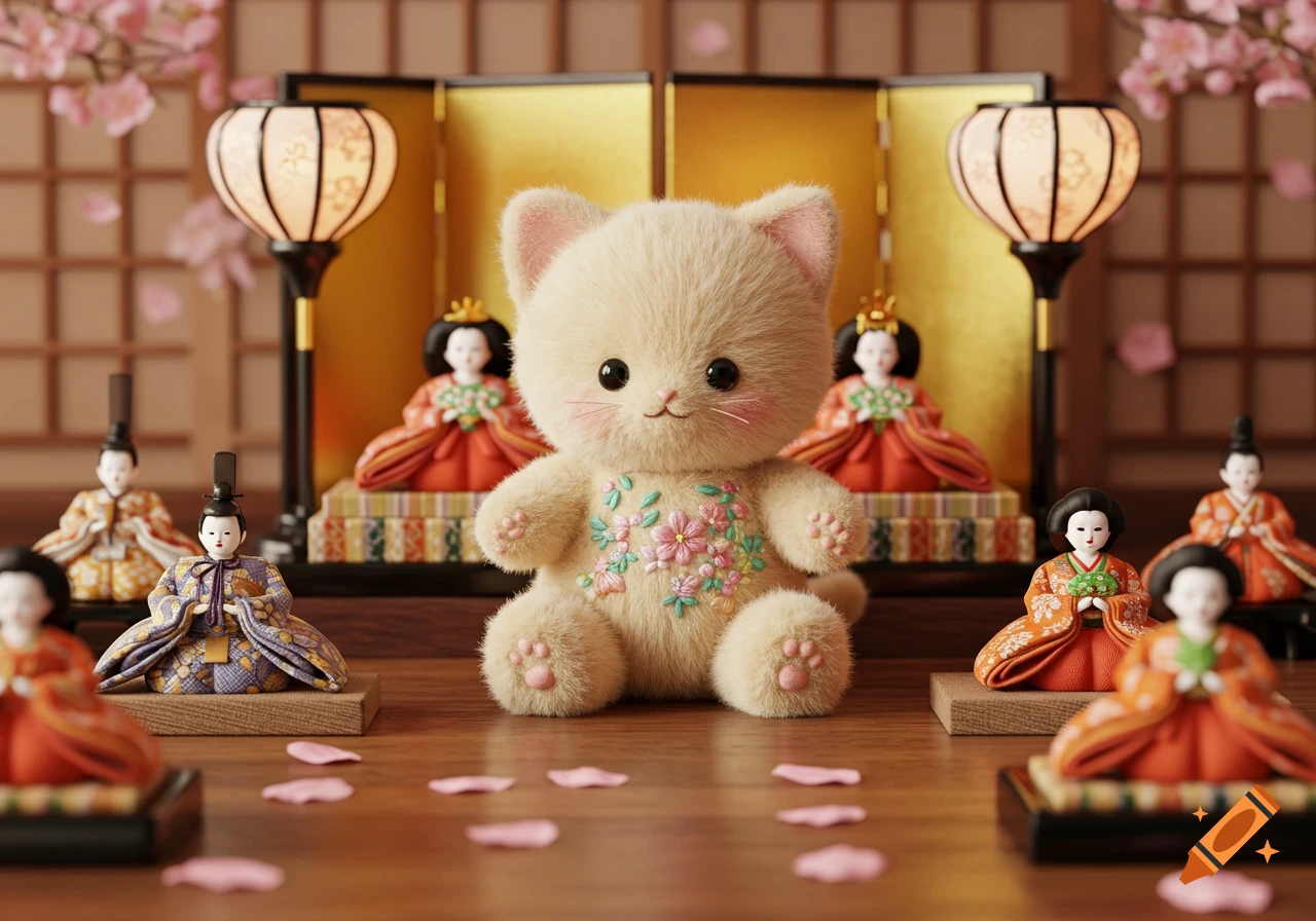 A fluffy beige cat plushie with embroidered flowers sits among traditional Japanese Hina dolls, lanterns, and cherry blossom petals.